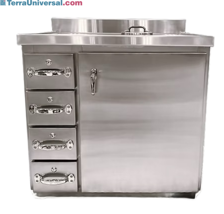 Cabinet and drawer unit with lead-lined stainless steel finish for radioactive waste management in radiopharmacy  |  5609-11 displayed