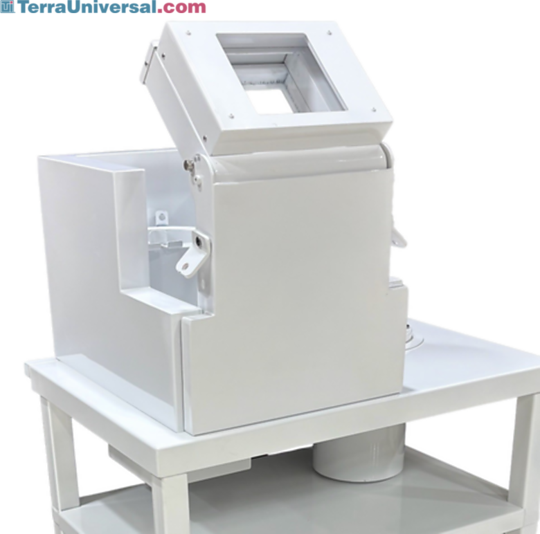 Radiopharmacy table with L block shield and view window in white powder-coated option with optional lead brick cave  |  5609-10 displayed