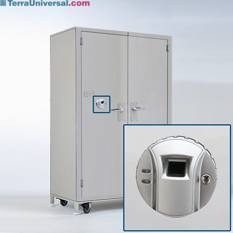 Steel cabinet with fingerprint scanner for secure storage of controlled medications | 1989-10 displayed