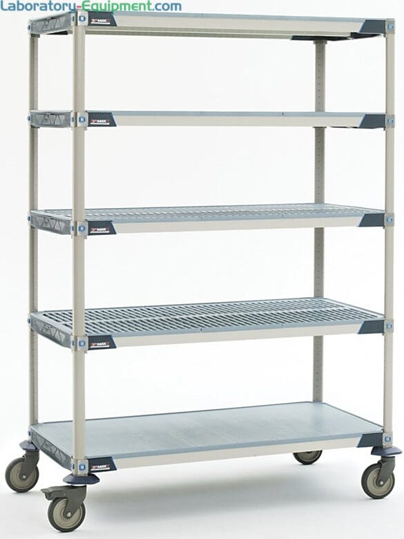 Antimicrobial five-tier cart with solid bottom MetroMax i shelf and polyurethane casters, ideal for placement in walk-in coolers | 1534-44 displayed