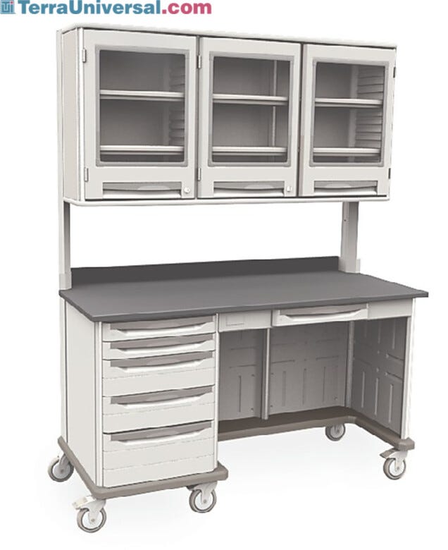 Starsys mobile work center with epoxy resin top, kneewell, standard drawers and overhead cabinets  |  1311-32 displayed