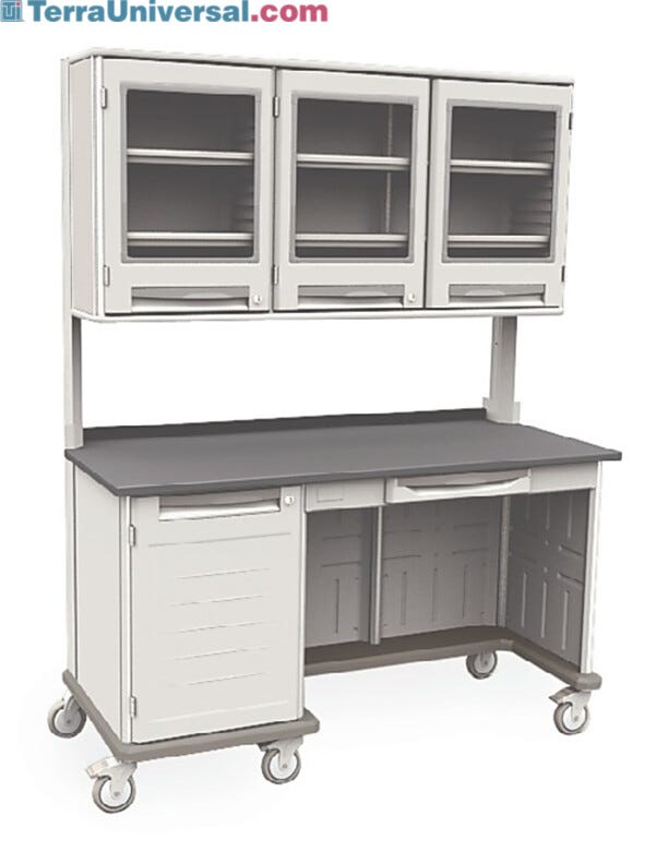 Starsys mobile work center with epoxy resin top, kneewell, locking doors and overhead cabinets  |  1311-34 displayed