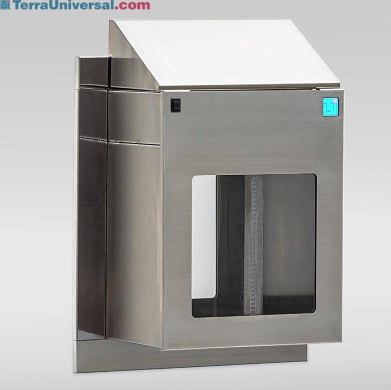 Wall-mount pass-through features a motorized sliding door on both sides of the stainless steel chamber, with sloping top | 2629-00 displayed