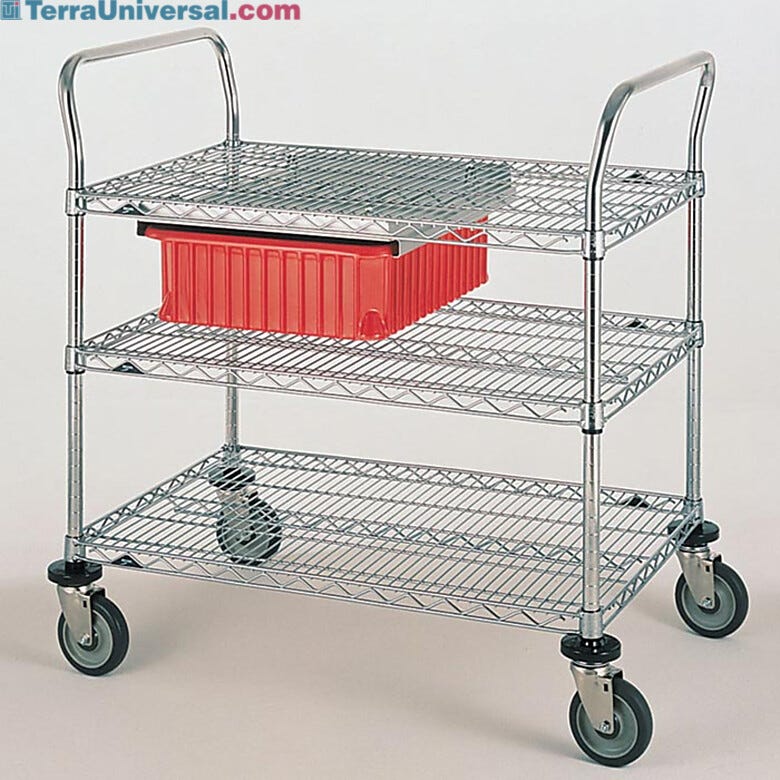 Stainless steel and Chrome Plated Utility Carts by InterMetro includes three wire steel shelves, handles and four casters | 1402-62 displayed