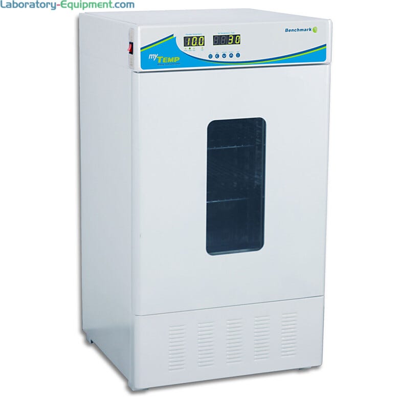 myTemp 65HC Heating and Cooling Incubator by Benchmark Scientific has a 2.3 cu. ft. capacity, a powerful compressor and a stainless steel interior | 2828-06 displayed