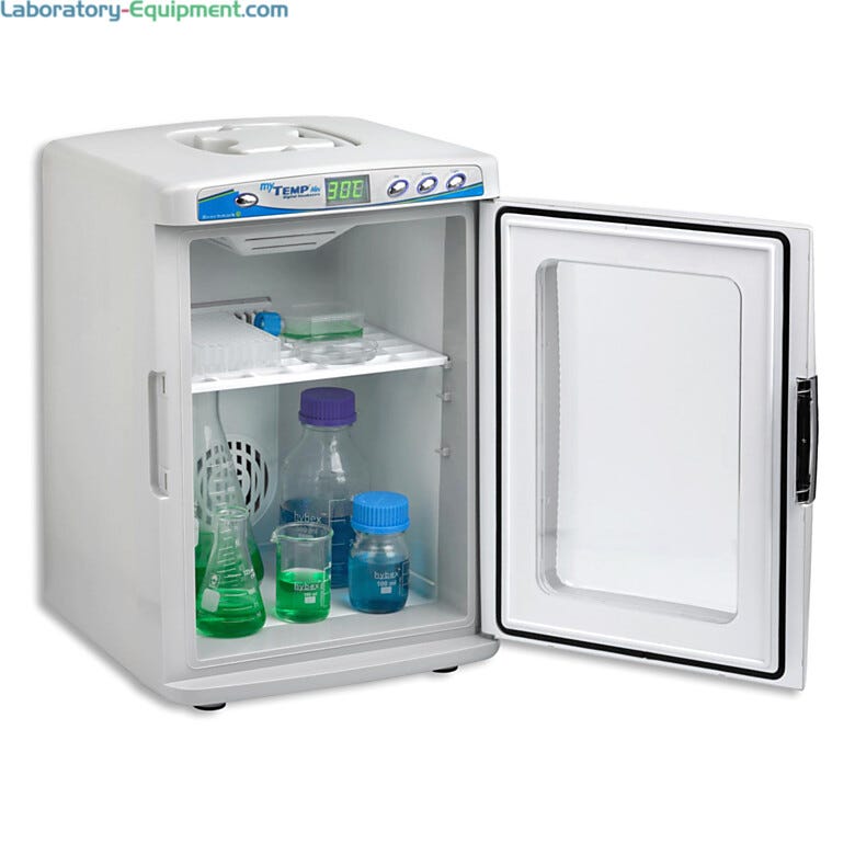 20L capacity myTemp Mini Digital Incubators by Benchmark Scientific store 2L bottles and flasks, include 2 adjustable shelves and an internal outlet for connec