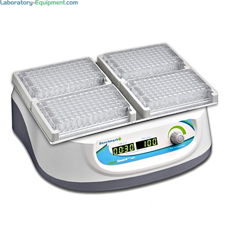 1500 rpm Orbi-Shaker MP Microplate Shaker by Benchmark Scientific with a 3mm orbit for microplates and PCT plates; includes 4-position platform  |  2817-11 displayed