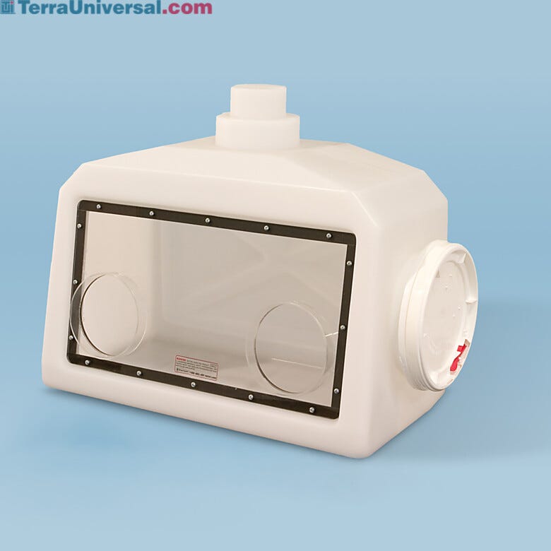 Economical, lightweight, portable glove box features a one-piece polyethylene shell with exhaust ventilation flange and large acrylic viewing window  |  3308-10 displayed