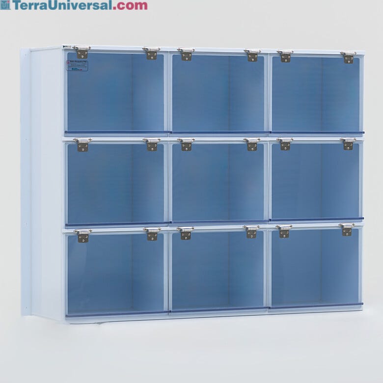 Polypropylene storage cabinets wall-mount design provides a convenient storage location for cleanroom applications  |  4105-04 displayed