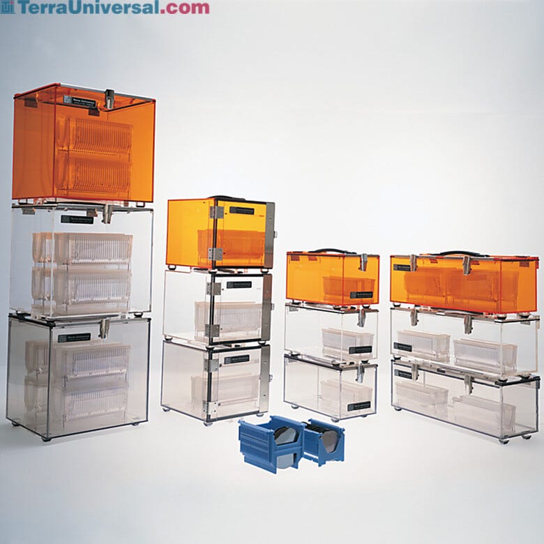 Stackable portable plastic desiccator dry box chambers maintain clean, dry environment during parts transit  |  9302-20B displayed