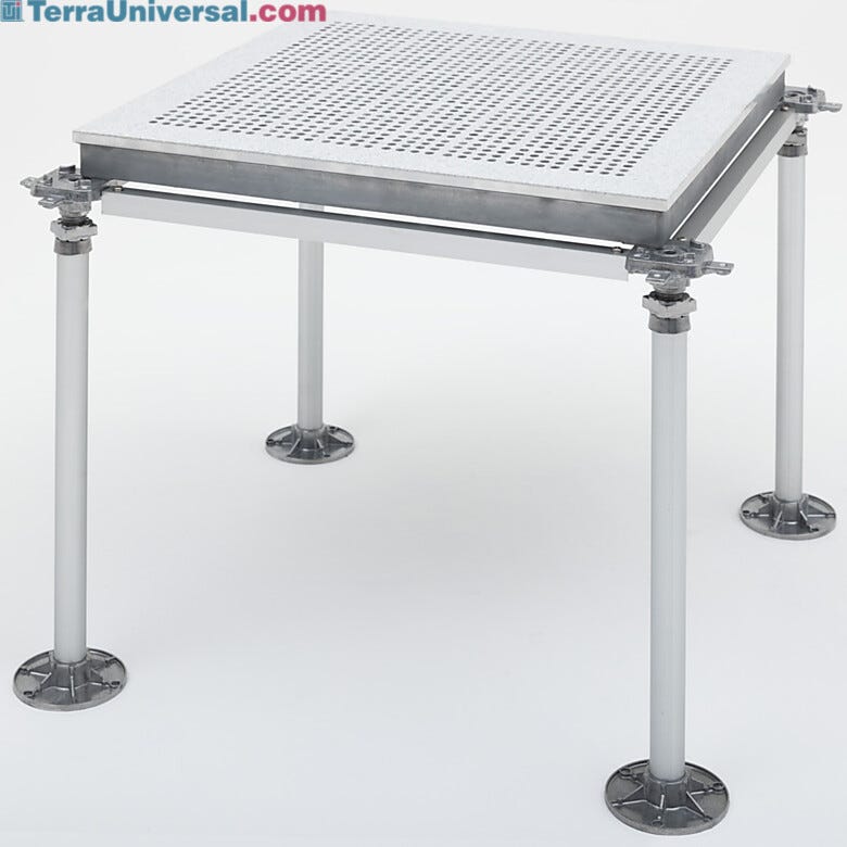 A 2'x2' sample of modular raised cleanroom flooring, perforated to optimize laminar airflow  |  6600-53 displayed