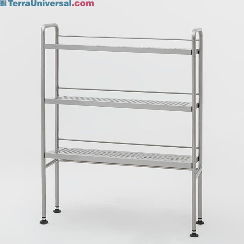 Round tube stainless steel work-in-progress rack; 3 perforated shelves with reverse slope.  |  9611-25A displayed