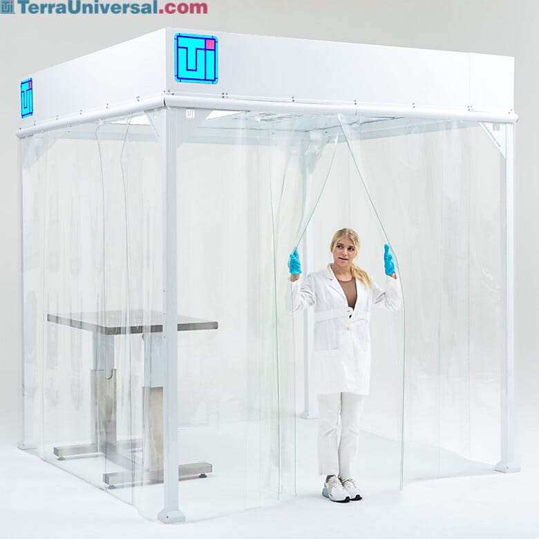 Softwall cleanroom enclosure with easy-access PVC curtain design for personnel entry  |  6600-66A-VL-0808 displayed