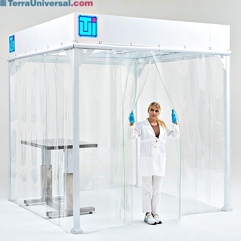 Softwall cleanroom enclosure with easy-access PVC curtain design for personnel entry  |  6600-66A-VL-0808 displayed