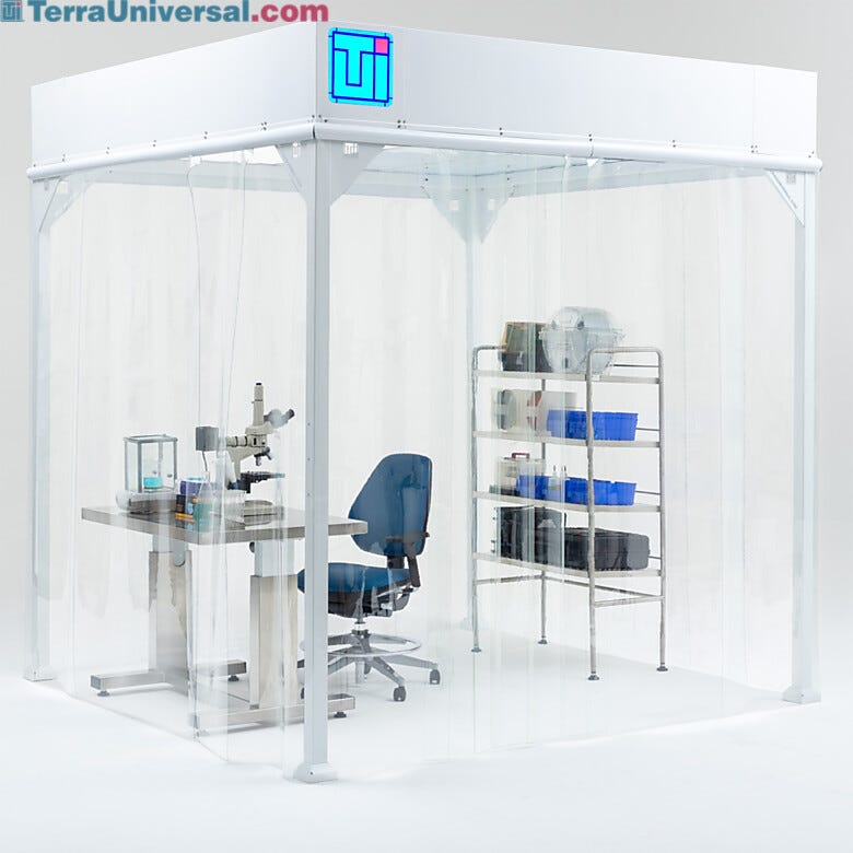 Softwall cleanroom workspace with lab workbench, microscope, cleanroom chair, and stainless steel shelving  |  6600-66-VL-0808 displayed
