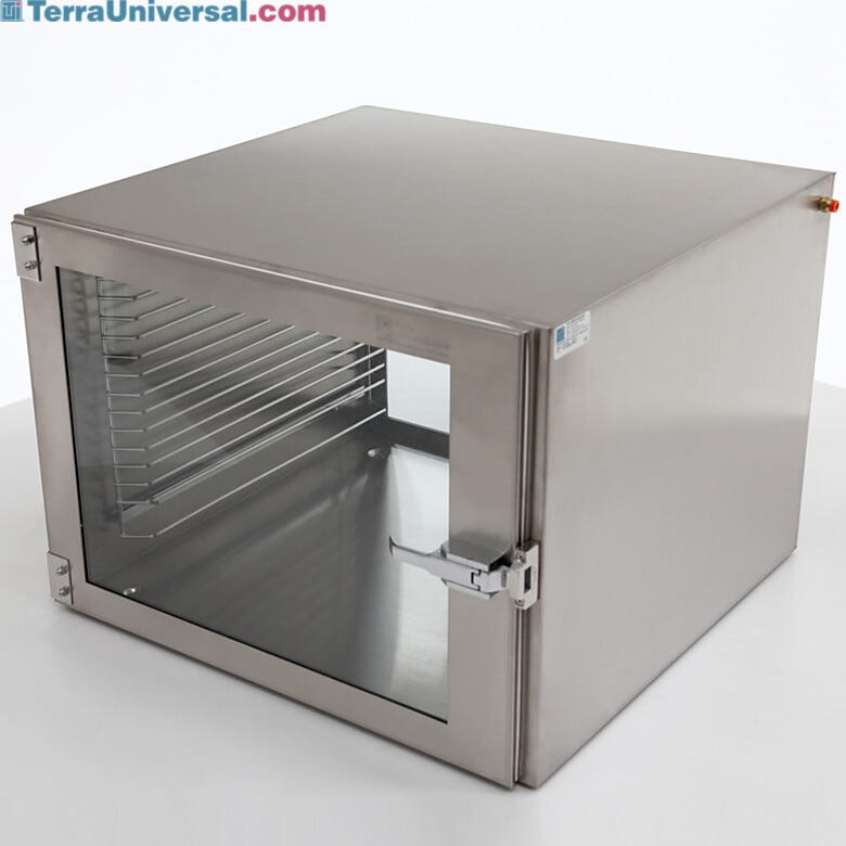 ISO 6 Stainless steel desiccator cabinet, single chamber design, provides dry and sterile storage environment; featuring ergonomic Lift Latch, tempered glass vi | 1610-32A displayed