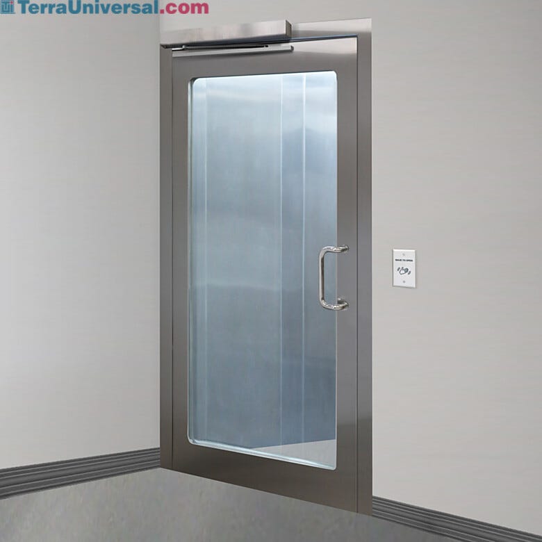 Left hand reverse stainless steel door with full view tempered glass window and automatic opening sensor | 1999-96-L displayed