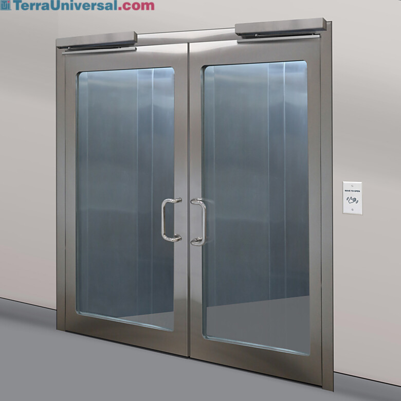 Stainless steel double doors with full view flush mount windows | 6603-82 displayed