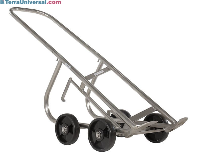 Vestil stainless steel drum truck with 1000 lb. capacity, featuring 4-wheel design for maneuvering 30, 55, and 85 gallon drums in tight spaces  |  3402-01 displayed