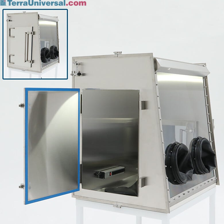 Side access doors allow quick transfer of equipment/materials into a stainless steel glove box (available in many sizes) | 1685-96-300 displayed