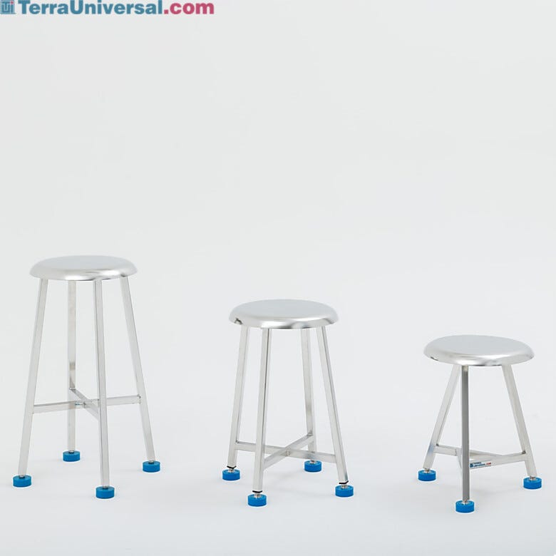 Industrial stainless steel lab stools with adjustable leveling feet, available in three different heights for laboratory and cleanroom applications. | 2806-PP-02 displayed
