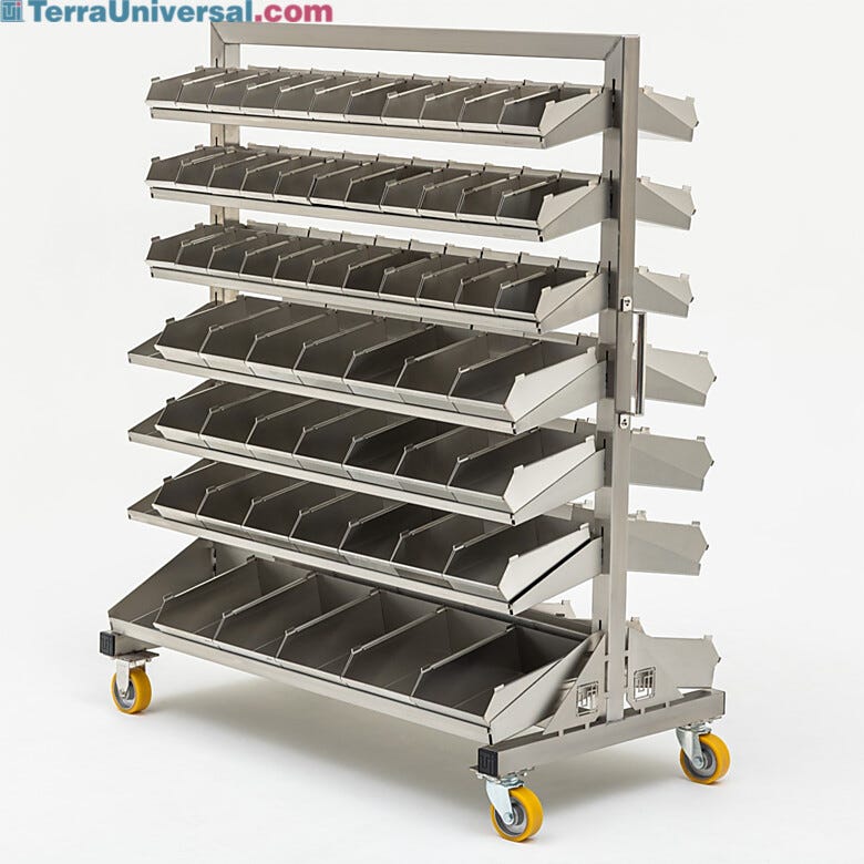 Double-sided mobile bin handled shelving unit with seven shelves per side, in three sizes for a variety of small parts storage and easy access | 9611-74 displayed