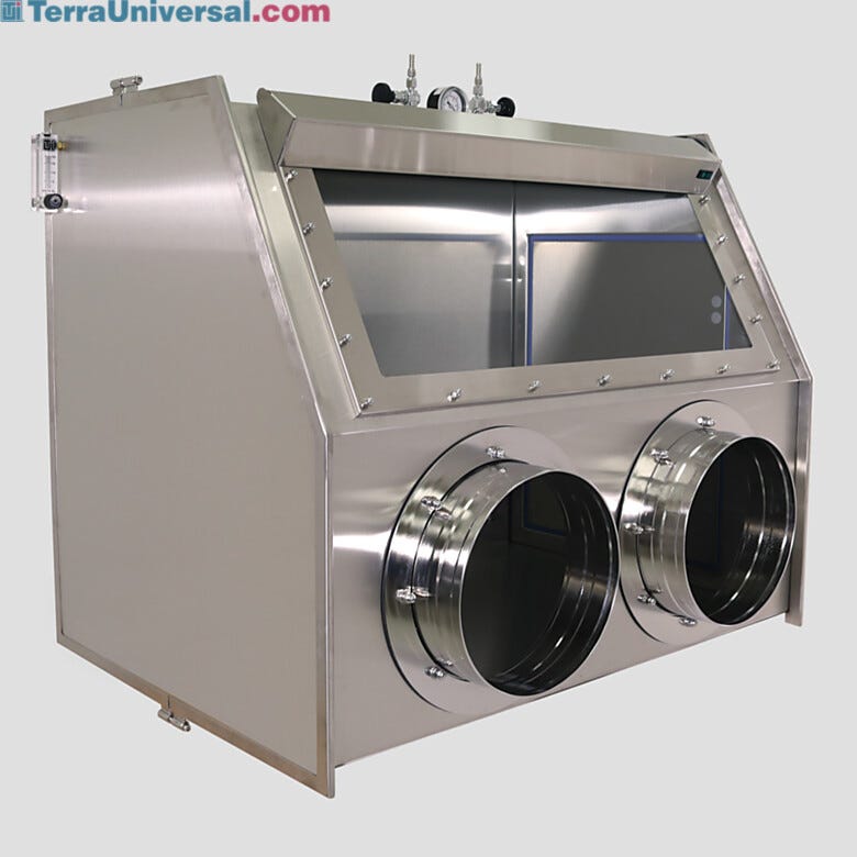 Stainless steel glove box with optional stainless steel glove ports, allows for -5