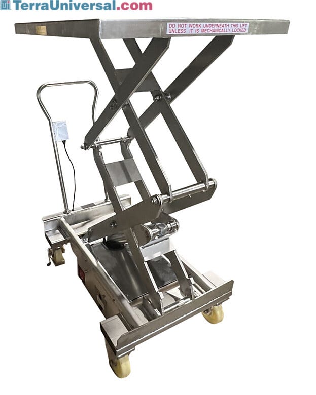 Stainless steel portable scissor lift cart in raised position displaying hydraulic mechanism, ergonomic push handle, safety warning label, and polyurethane cast  |  1735-09 displayed