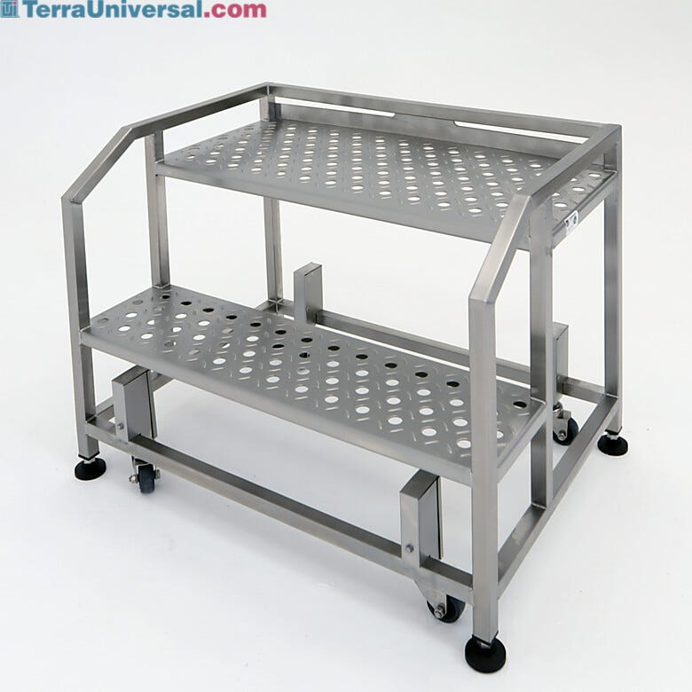 Stainless steel portable step ladder; 316L SS, 2 steps, 300lb capacity, perforated with diamond plating, ISO 5   |  2805-83A displayed
