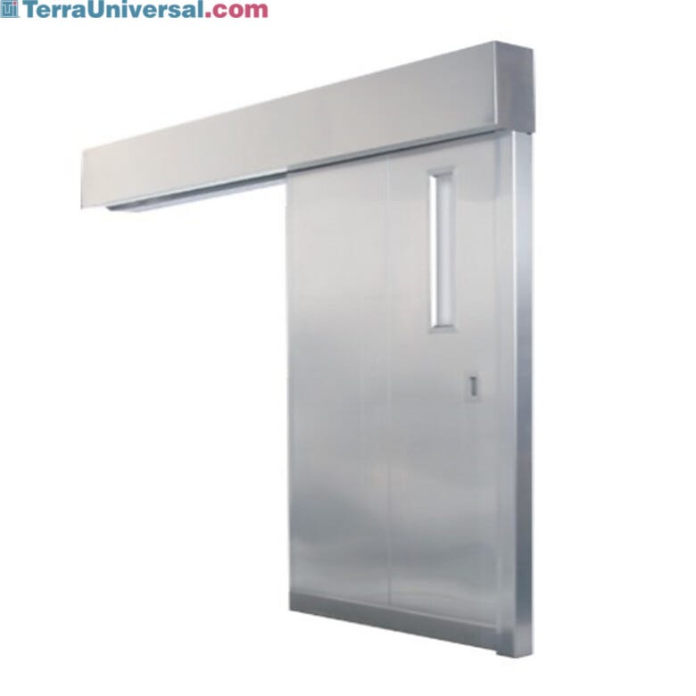 Single-sliding cleanroom door featuring a seamless stainless steel panel and a durable stainless steel track system for smooth, contamination-free operation.  |  1999-58 displayed