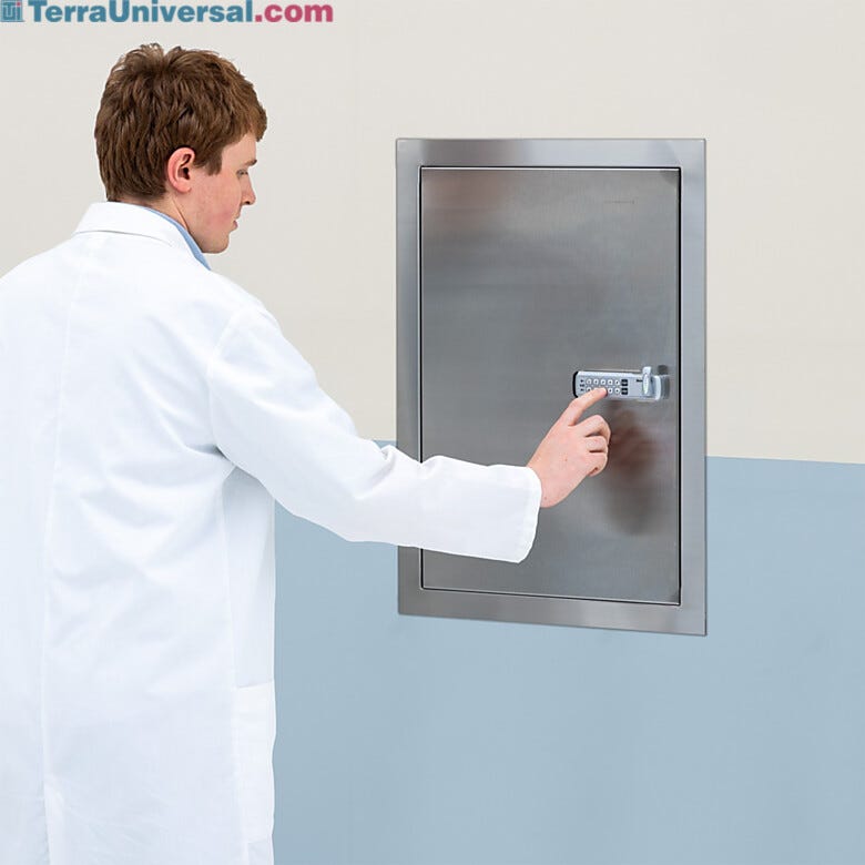 Wall-mounted storage cabinet constructed from 316L stainless steel with a combination lock providing controlled access  |  2633-89 displayed