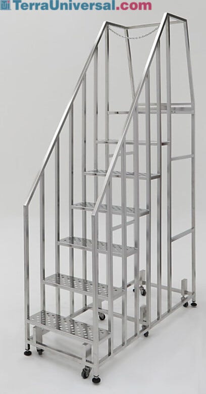 Narrow cleanroom stairs; electropolished stainless steel, perforated steps with platform and safety rail  |  2805-10B-316 displayed