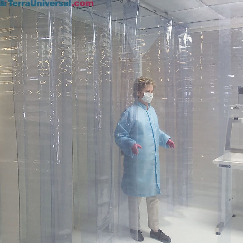 Flexible strip shields and panels in several cleanroom-compatible materials create an economical softwall enclosure | 6704-07 displayed