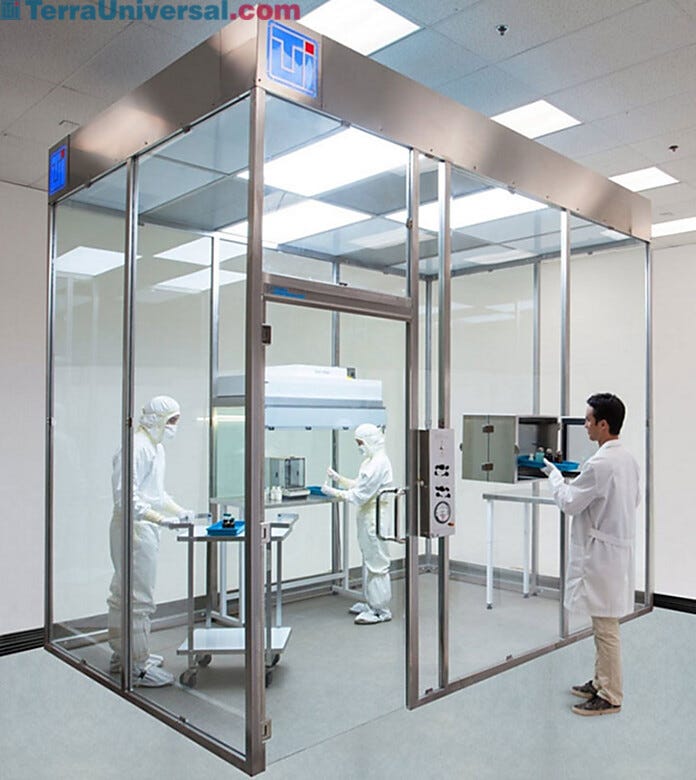 Free-standing ISO 7 modular hardwall clean room with tempered glass panels designed for power washing with cleaning chemicals | 6600-69A displayed