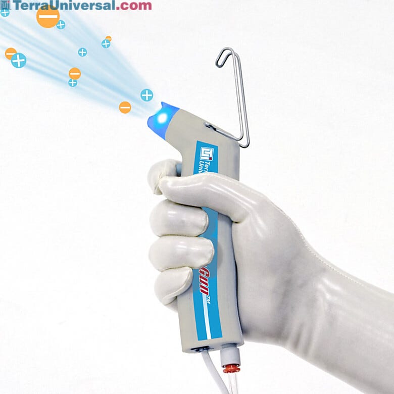 This Ionizing Blow-off Gun neutralizes static surface charges and removes particles with a burst of clean air or nitrogen  |  2005-55 displayed