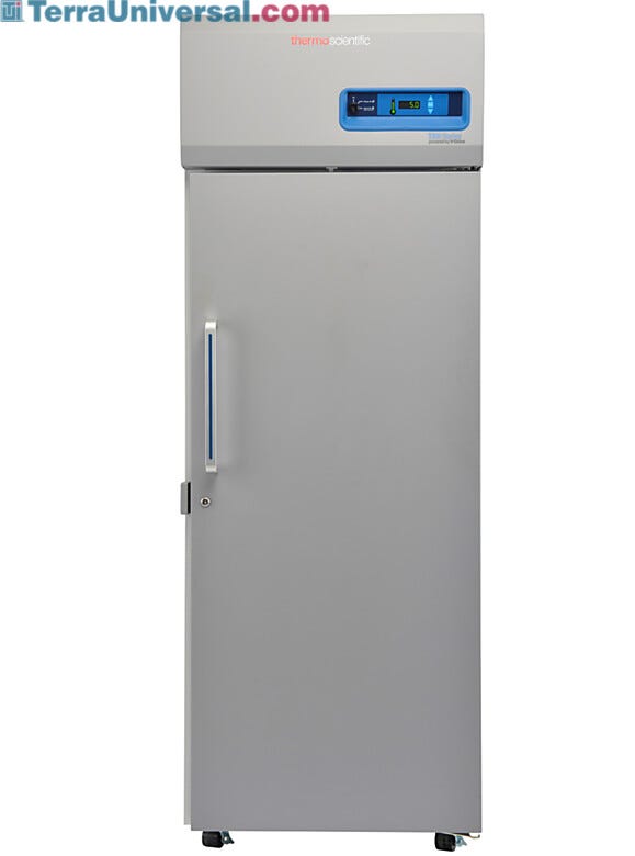 Single-solid door 650L TSX High-Performance Refrigerator by Thermo Fisher Scientific includes 4 shelves and casters; GMP Clean Room Class A/ISO 6 compatible  |  1621-13 displayed