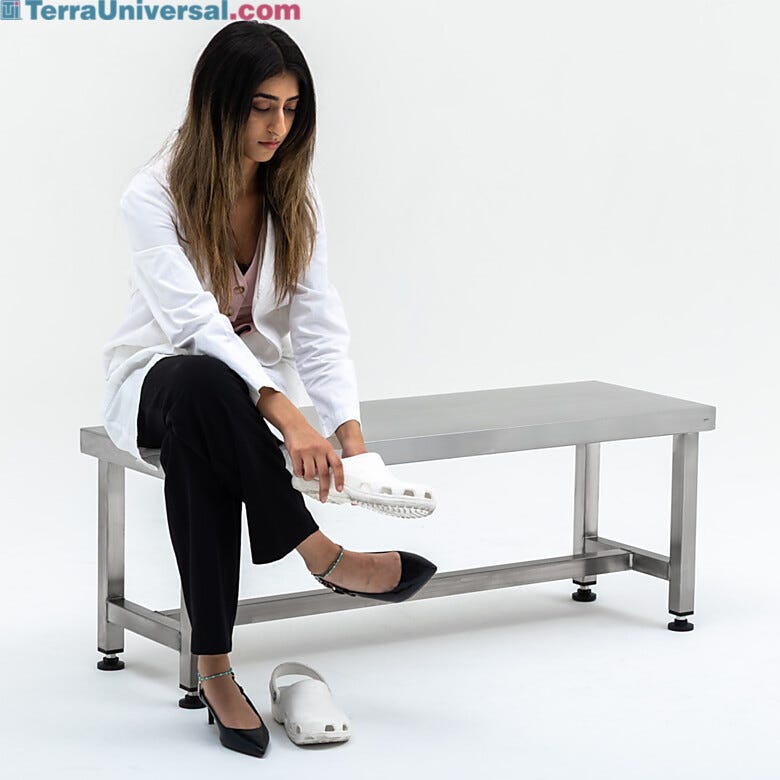 BioSafe® UltraClean® stainless steel gowning benches meet gowning protocol in environments where cleanliness is necessary | 9605-80A displayed