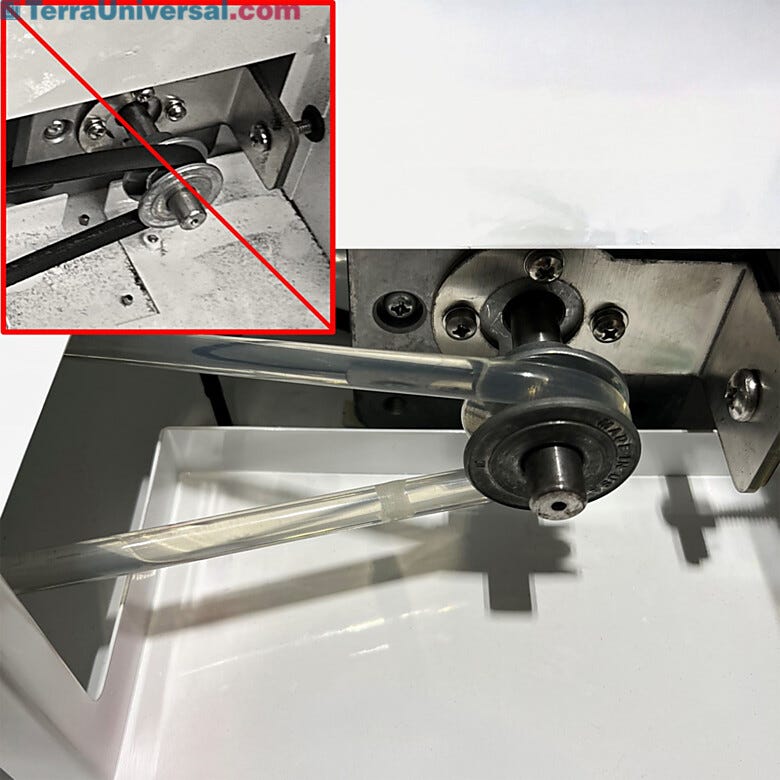 Clear abrasion resistant polyurethane belt offers longer life span and cleaner operation with far less particulates shed than ordinary rubber belts | 1784-18A displayed
