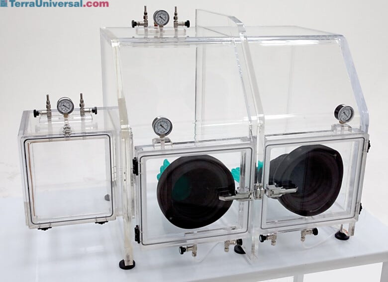 The Series 210 Vacuum Glovebox supports drying, degassing; includes valves for inert gas back-fill (shown with optional gloves and left-side air lock)  |  3306-89 displayed