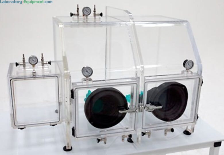 Allows transfer of materials into the glovebox without breaching the controlled environment (shown with left-mount airlock). | 3305-48 displayed