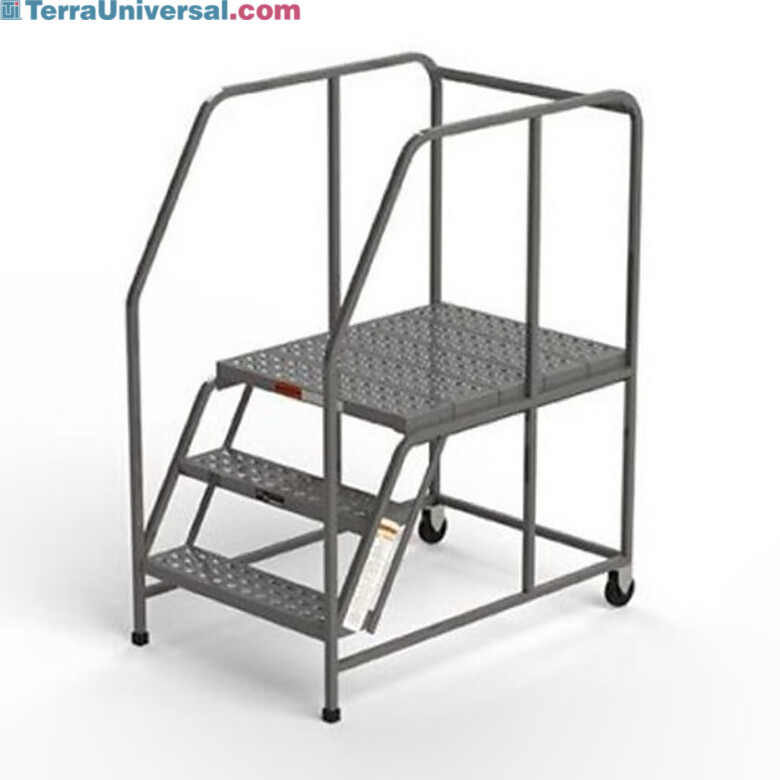 OSHA W027H 3-Step Steel Mobile Work Platform by EGA Products with handrails, perforated EZY-Tread, 4