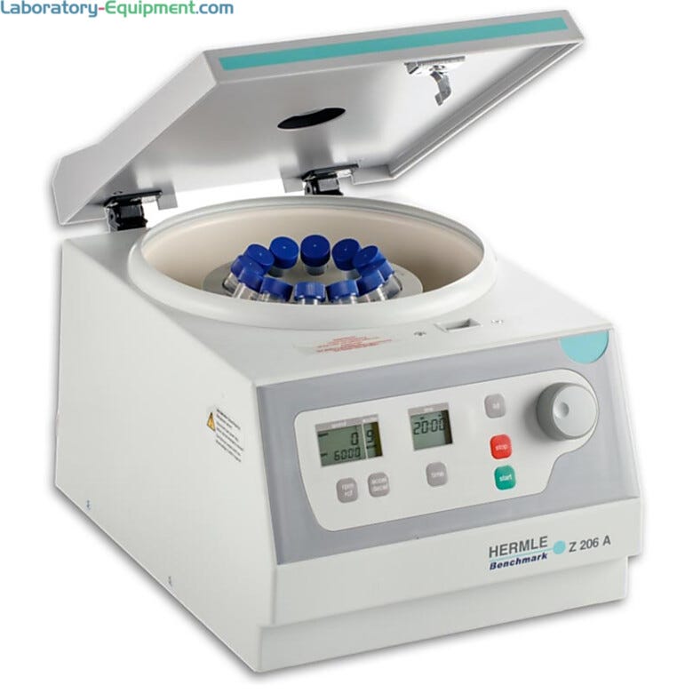 Hermle’s Z206 compact centrifuge, holds tubes in swing-out or angle rotors | 2823-51 displayed