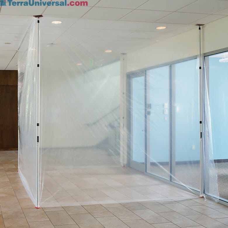 Spring-loaded ZipWall poles with clear plastic sheeting create effective dust containment barriers to protect clean areas and sensitive equipment | 6603-98 displayed