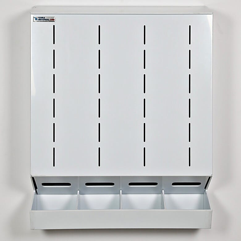 Wall mount 4-chamber glove dispenser in polypropylene with built-in catch basin and hinged top  |  4952-14A displayed