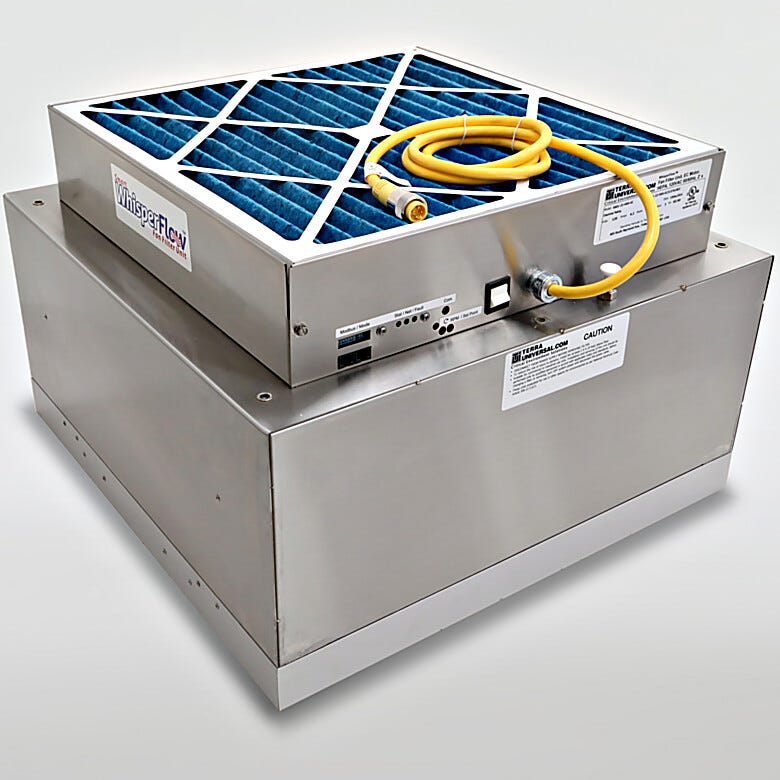 Room-side replaceable EC Fan Filter Unit is serviced in minutes without ceiling breach or cleanroom shut-down; all-stainless steel construction | 6601-22B-URSS-EC displayed