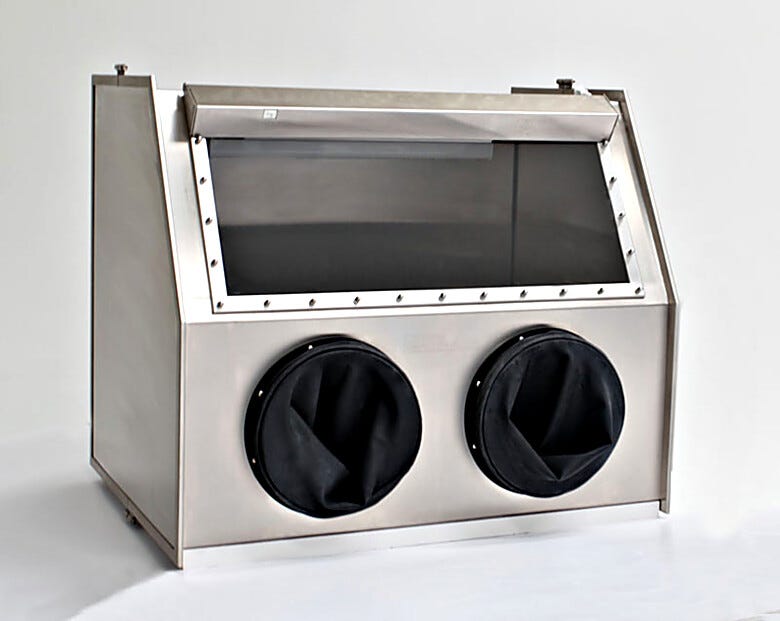 Stainless Steel Glove Box maintains low-humidity conditions to protect sensitive parts (shown with optional gloves)  |  1694-01C displayed