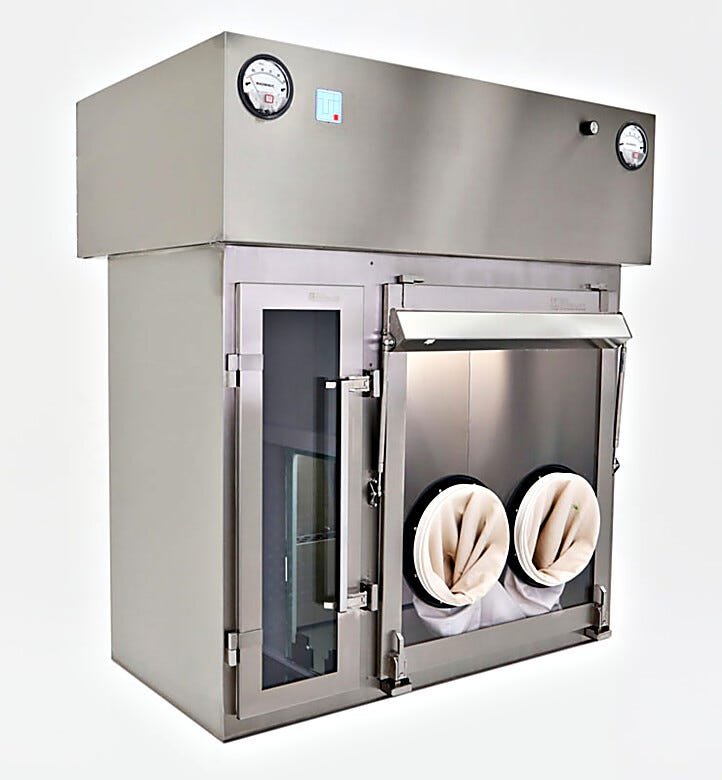 Stainless Steel USP 797 Compounding Aseptic Isolator shown with optional Hypalon gloves/sleeves | 2900-56B displayed