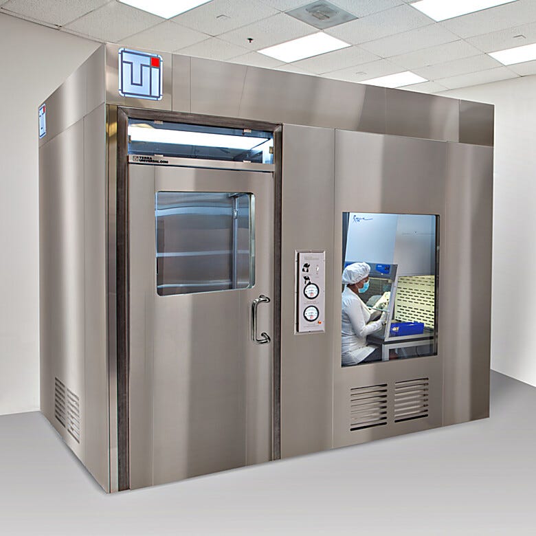 Shown is an all stainless-steel USP800 compounding room, including ante-room and buffer room  |  2899-06-SS displayed