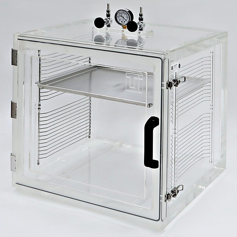 Clear acrylic vacuum desiccator cabinet with front swing door, 2 adjustable shelf racks, vacuum gauge and needle valves | 5235-83 displayed