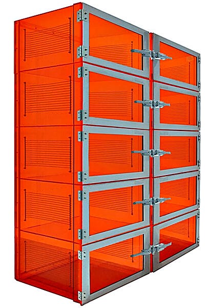 Amber acrylic ten chamber desiccator cabinet includes stainless steel shelf racks, stainless steel-reinforced doors, a flowmeter and relieve bleed valve (not sh | 3950-66D displayed